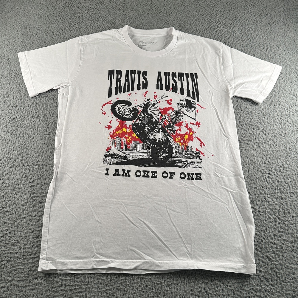 Travis Austin Shirt Mens L White Motorcycle Biker Graphic Tee Outlaws Never Die